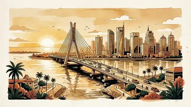 Editorial architectural illustration of Lagos Life game coastal skyline and Lekki-Ikoyi Link Bridge at golden hour